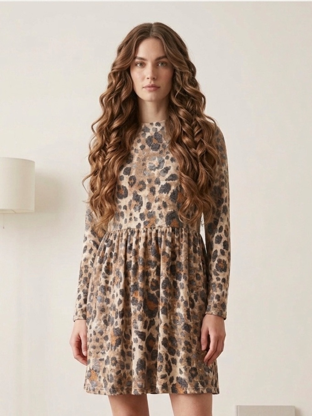 entro Beige and Brown Leopard Print Long Sleeve Mini Dress